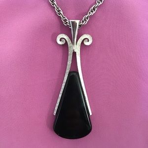 Vintage 1970’s Avon Silver Necklace with Ebony Teardrop Pendant